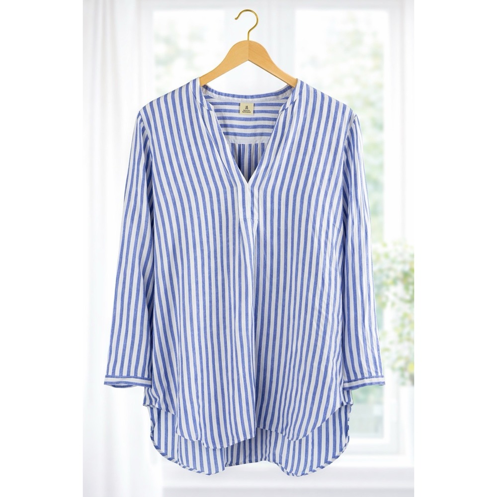 LL Bean 100% Linen Long‎ Sleeve Splitneck Tunic Top Blue White Nautical  XL